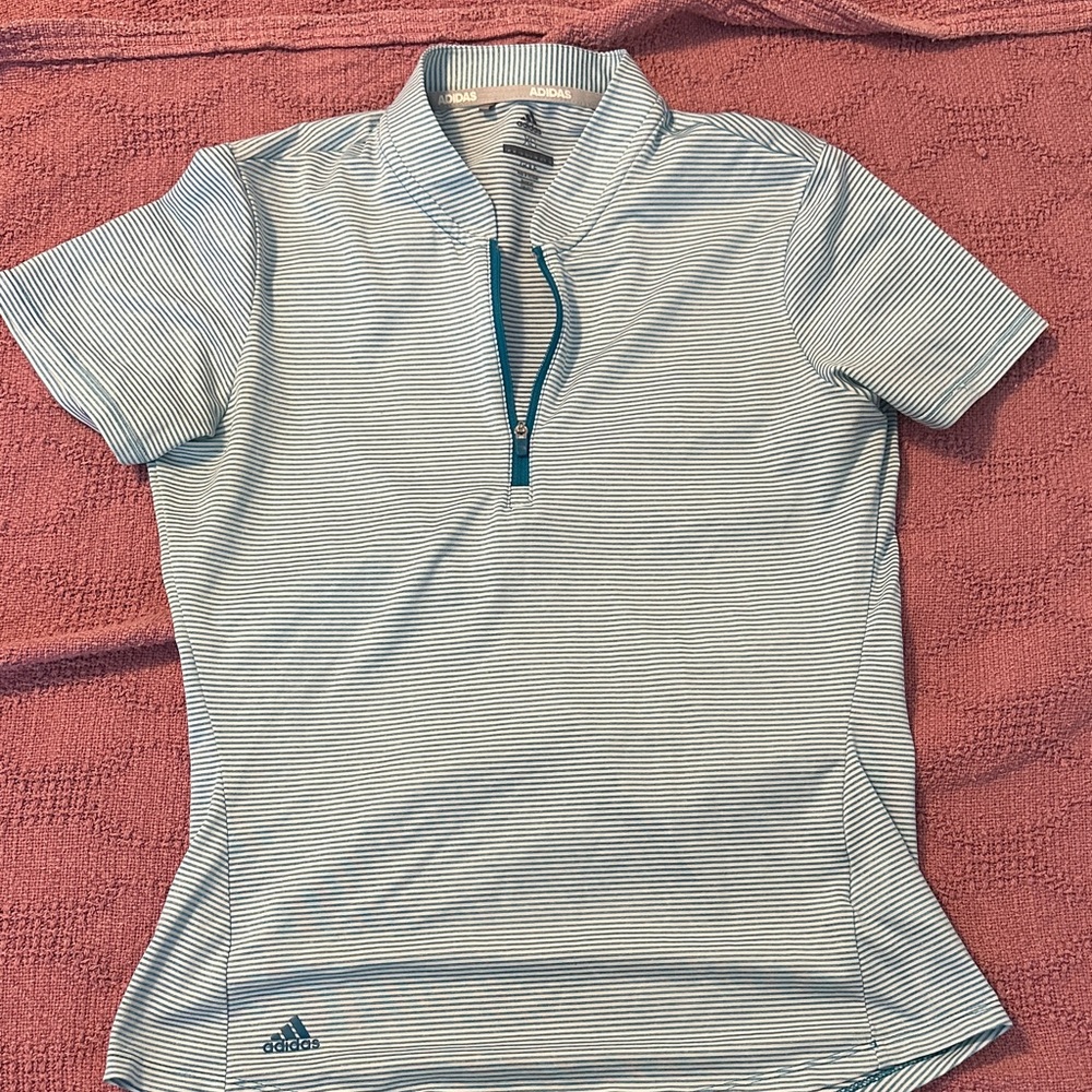 Adidas Blue and White Striped Golf Zip Polo